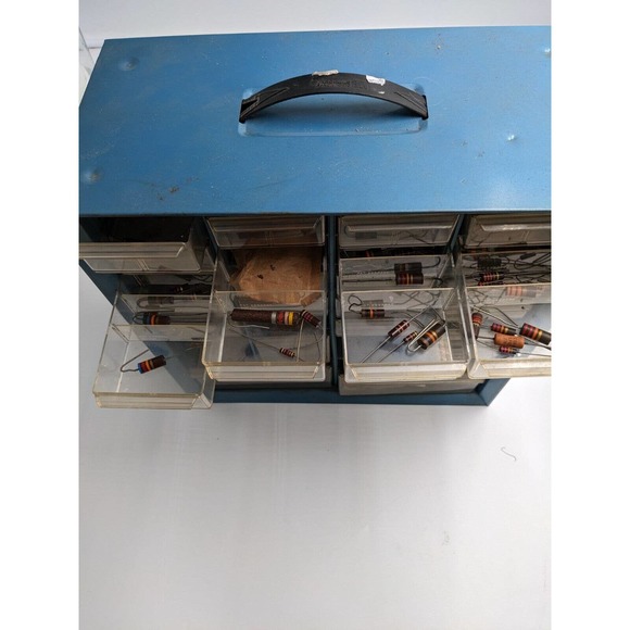 Vintage Metal Bin Screw/ Tool Box Filled With Vintage Transistor Resistors/Parts - Picture 4 of 16